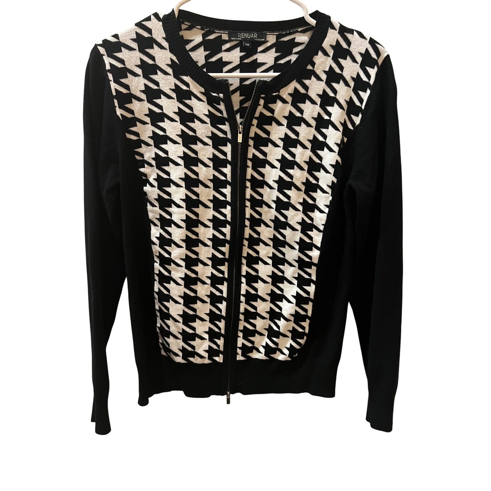 Renuar Houndstooth Full Zip Cardigan Sweater Black White Viscose Blend Womens S